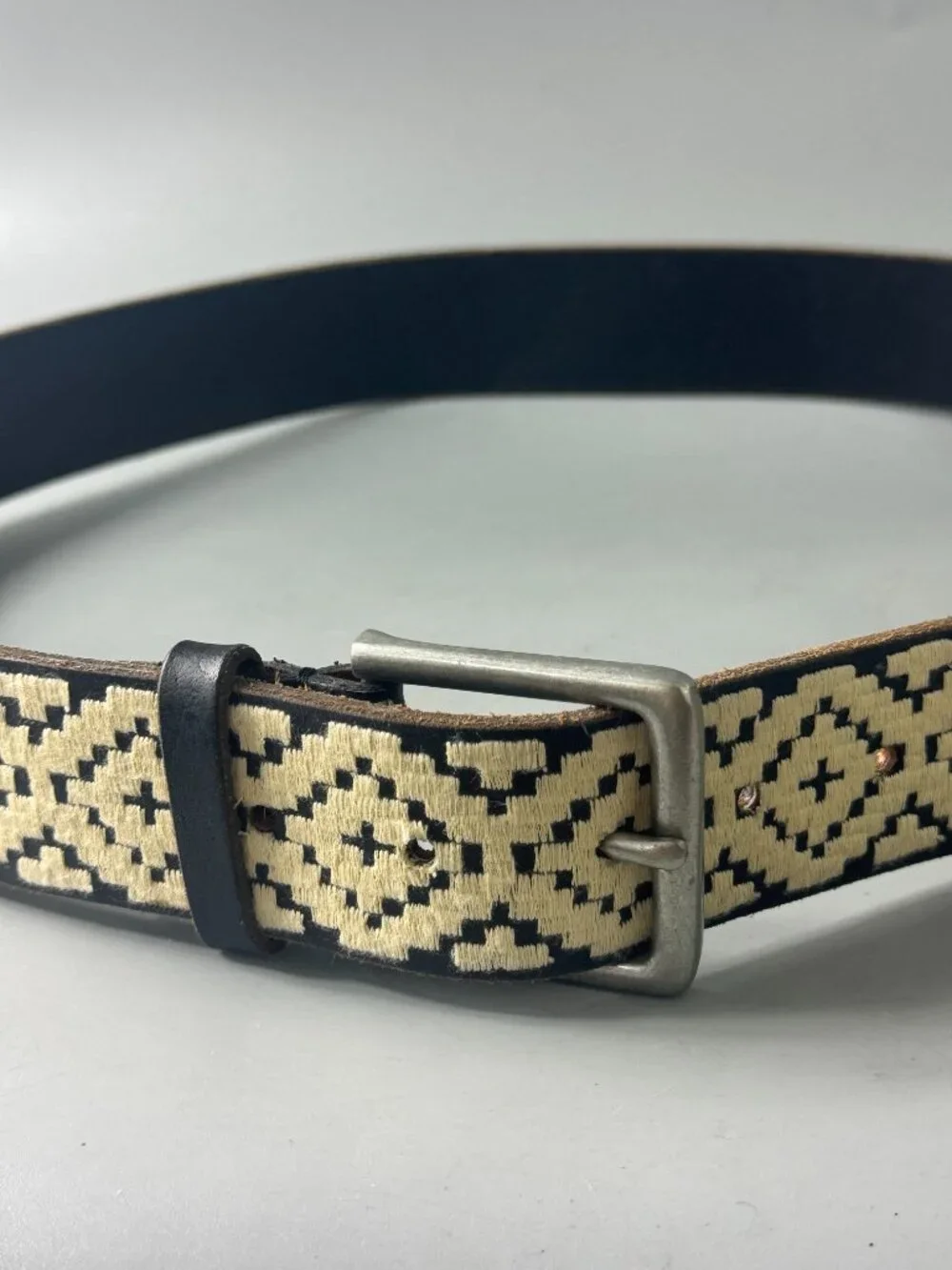 LUCKY BRAND Black Leather Embroidered Tribal Boho Women's Belt, Size M